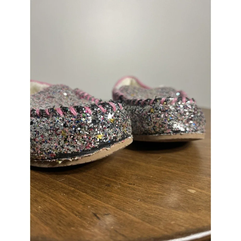 Lands End Kids Youth‎ Pattern Moccasin Slippers Multi Glitter Pink Sparkle Sz 3